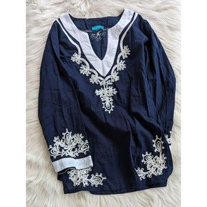 Southern Frock Cotton Deep Blue Embroidered Tunic… - image 1